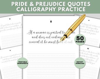 Pride and Prejudice Modern Calligraphy Practice Sheets, Jane Austen Book Lover Quotes (Printable PDF)