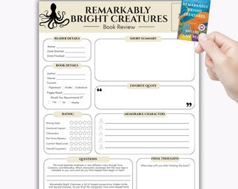 Remarkably Bright Creatures Book Club Review Printable, Reading Journal PDF for Book Lovers