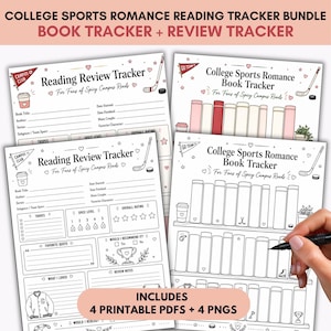 Könnte beinhalten: Ein Lese-Tracker-Set für College-Sport-Romanzen mit vier druckbaren Seiten. Die Blätter enthalten Buch- und Rezensions-Tracker mit Illustrationen von Hockeyschlägern, Wimpeln und Büchern. Der Text lautet College Sports Romance Reading Tracker Bundle.
