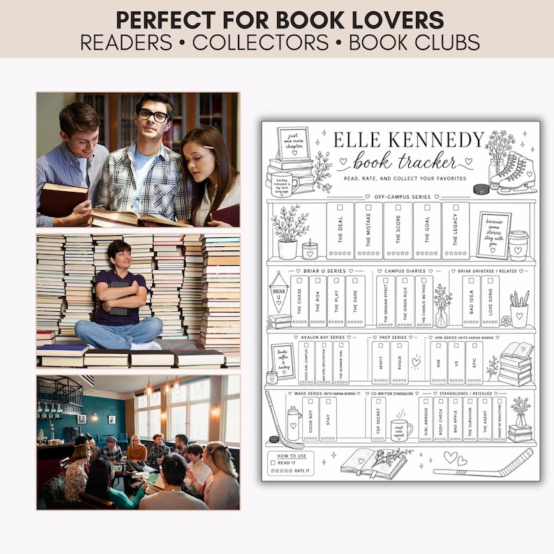 Cozy romance reading tracker printable designed for BookTok readers, book clubs, collectors, and Elle Kennedy fans with minimalist bookshelf aesthetic.