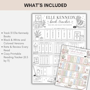 Elle Kennedy printable reading tracker with review pages, cozy bookshelf layout, rating sections, and printable 8.5x11 romance reading journal design.