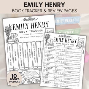 Puede incluir: Páginas de seguimiento y revisión de libros en blanco y negro con el texto "EMILY HENRY". El rastreador de libros incluye un diseño de estantería con títulos de libros. La página de revisión tiene un sistema de calificación y espacio para notas. Las palabras "10 LIBROS INCLUIDOS" están en un círculo.