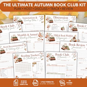 Può includere: Il kit Ultimate Autumn Book Club include dieci modelli stampabili per pianificare, organizzare, discutere, tracciare e recensire libri. Le pagine presentano illustrazioni autunnali di libri impilati, foglie e zucche in calde tonalità arancioni e marroni.