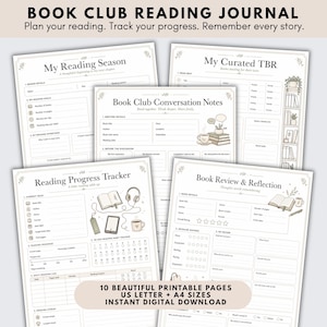 Może przedstawiać: Dziennik czytelnika klubu książki z wieloma stronami do druku, w tym My Reading Season, My Curated TBR, Book Club Conversation Notes, Reading Progress Tracker oraz Book Review & Reflection. Strony zawierają tekst, linie i ilustracje.