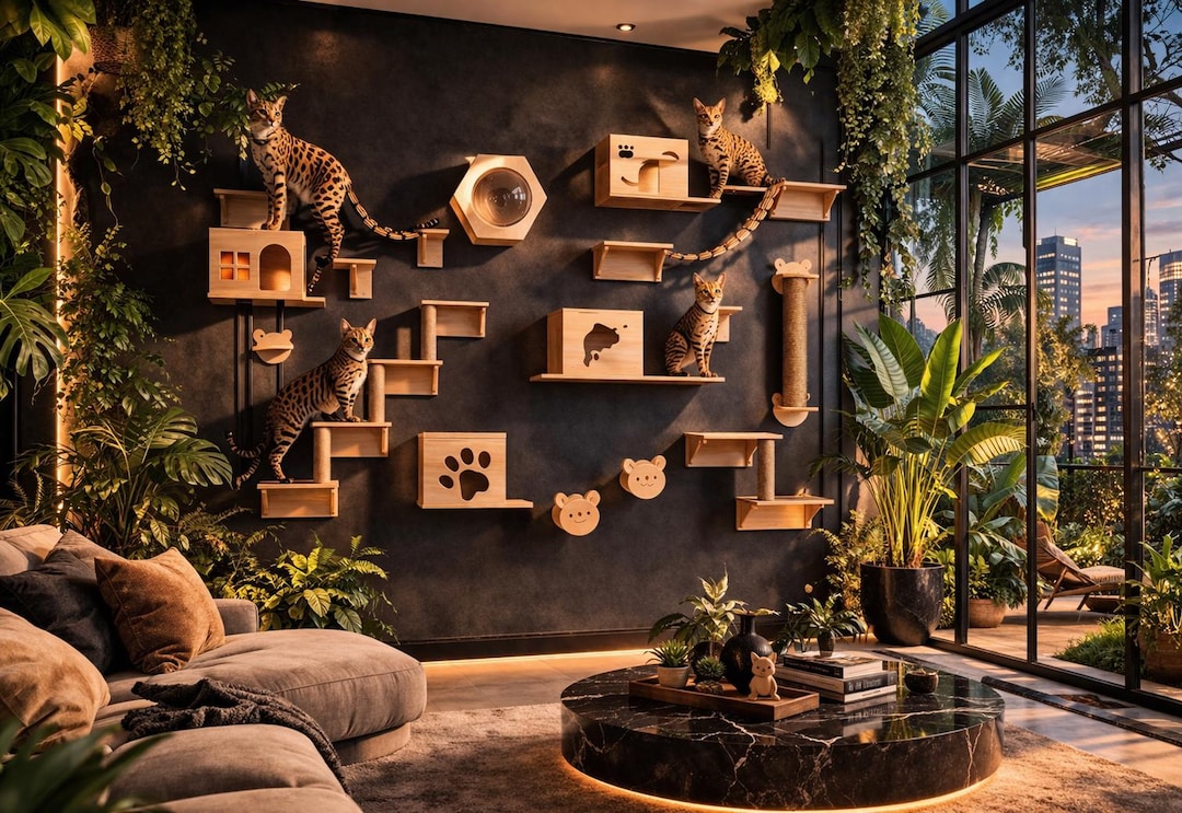 Natural Wood Wall-mounted Cat Furniture, Climbing Shelves With Hammock ...