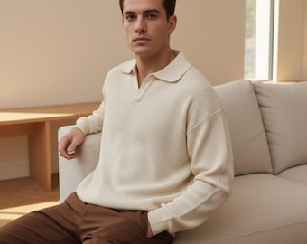 Mens Knit Polo Sweater Long Sleeve Textured Pullover Old Money Style Casual Luxury Jumper Minimalist Fall Outfit Menswear