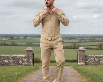 メンズ リネン ツーピースセット スタンドカラーシャツとパンツ カジュアル コットンリネン 衣装 夏用 通気性 ミニマリスト バケーションセット