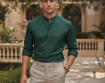 Mens Mandarin Collar Shirt Slim Fit Long Sleeve Dress Shirt Minimalist Formal Shirt Wedding Guest Outfit Elegant Button Up