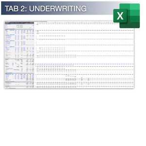 Puede incluir: Una pantalla de ordenador que muestra una hoja de c&aacute;lculo de Excel titulada "TAB 2: UNDERWRITING". La hoja de c&aacute;lculo contiene filas y columnas de datos, con el logotipo de Excel en la esquina superior derecha.