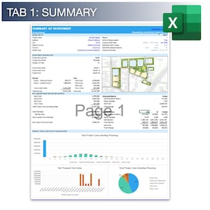 Puede incluir: Un documento de resumen financiero detallado con el t&iacute;tulo "SUMMARY OF INVESTMENT" y el texto "TAB 1: SUMMARY" en la parte superior. El documento incluye gr&aacute;ficos, tablas de datos y un icono de Excel en la esquina superior derecha. La p&aacute;gina est&aacute; etiquetada como "Page 1".