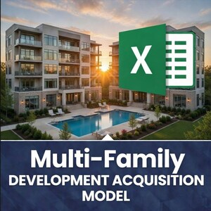 May include: An image of a multi-family residential complex with a swimming pool, and a Microsoft Excel icon. The text at the bottom reads "Multi-Family Development Acquisition Model."
