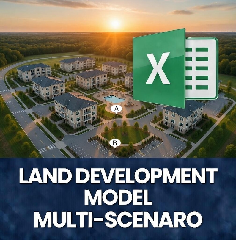 Puede incluir: Vista a&eacute;rea de un modelo de desarrollo territorial con edificios de apartamentos, una piscina y zonas de aparcamiento. Un gran icono de Excel est&aacute; en la esquina superior derecha. El texto "LAND DEVELOPMENT MODEL MULTI-SCENARIO" est&aacute; en la parte inferior.