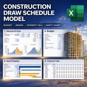 Construction Draw Schedule Excel Model | Real Estate Development Pro Forma | Interest Calculation + Gantt Chart Template | CRE Finance Tool