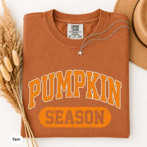 May include: A rust-colored short-sleeve t-shirt featuring the text PUMPKIN SEASON in a bold, arched orange font with a distressed texture. The shirt has a Comfort Colors brand label at the inner neckline and a silver star-shaped pendant necklace.