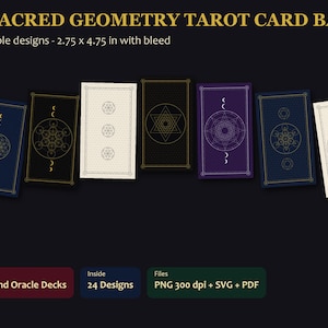 Op de afbeelding: Een verzameling van 24 tarotkaart-achterkanten met heilige geometrie en omkeerbare ontwerpen. De tekst luidt 24 SACRED GEOMETRY TAROT CARD BACKS, Reversible designs - 6,98 x 12,06 cm with bleed, For Tarot and Oracle Decks, Inside 24 Designs, Files PNG 300 dpi + SVG + PDF.