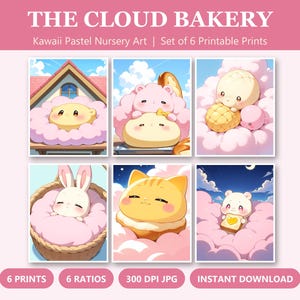 May include: A set of six digital art prints titled THE CLOUD BAKERY featuring pastel-colored illustrations of anthropomorphic food and animals resting on pink clouds, including a bunny in a basket and a cat-shaped pastry.
