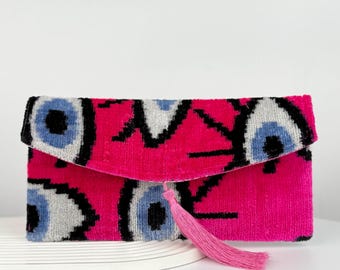 Pink and Blue Silk Velvet Ikat Clutch Bag - Women's Artisan Purse, Evening Boho Handbag