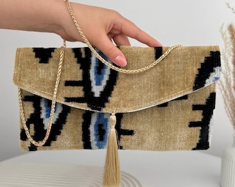 Beige Seide Ikat Clutch - Handgefertigte Geldbörse, Boho Abendhandtasche, Formelle Party Tasche