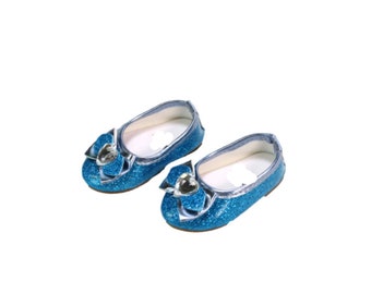Teal blue sparkle bow dress shoes that fit 18" dolls American Girl