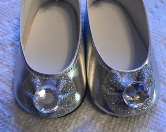 18" Silver with glitter bow and diamond slip on doll dress shoes fits 18" dolls American Girl