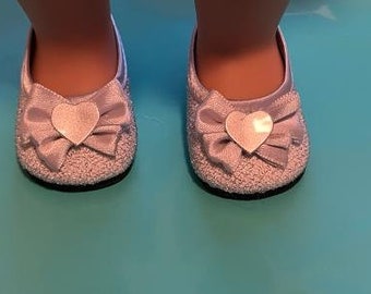 Silver glitter dolls shoes with ribbon bow and heart doll dress shoes fits 18" dolls American Girl