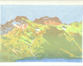 Puig Pedros - French Pyrenees mountains, hand pulled moku hanga woodblock print