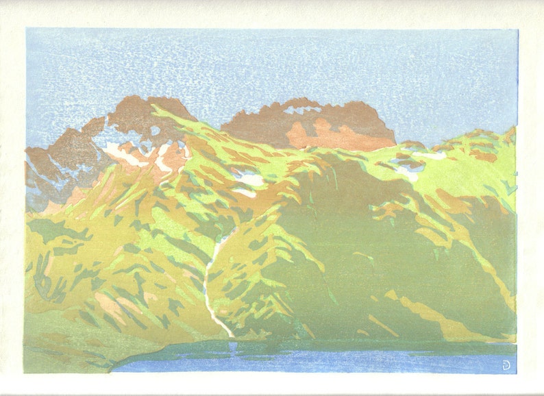 Puig Pedros French Pyrenees mountains, hand pulled moku hanga woodblock print image 1