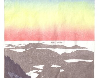 Dawn at the top of Carlit Peak (2971m) - Pyrenees mountains, hand pulled moku hanga woodblock print