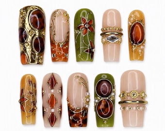 Olive Amber Jewel Press On Nails｜Nude Gold Cabochon Baroque Nails｜Earthy Retro Gem Accent｜Medium Square Nails｜Reusable Handmade Fake Nails