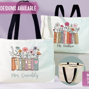 Teacher Tote Bag Custom Name, Book Lover Floral Tote, Large Weekender Bag with Zippered Pocket and Optional Cosmetic Bag