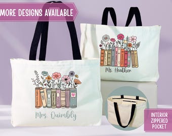 Teacher Tote Bag Custom Name, Book Lover Floral Tote, Large Weekender Bag with Zippered Pocket and Optional Cosmetic Bag
