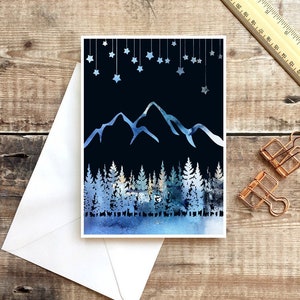 Mountain Range Card, Ensemble de cartes de remerciement, Carte d’anniversaire, Carte de Noël, Carte Nature, Carte Montagne, Étoiles, Carte vierge, Carte Toutes les occasions
