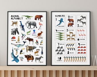 Animal ABC, Set of 2, Numbers Poster, Homeschool Poster, Learn Letters and Numbers, Nursery Decor, Animal Print Kids, Kids Room Print, Home