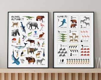 Animal ABC, Set of 2, Numbers Poster, Homeschool Poster, Learn Letters and Numbers, Nursery Decor, Animal Print Kids, Kids Room Print, Home