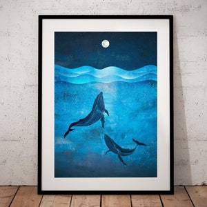 Wal-Druck, Wal Poster, Nacht Ozean, Blauwale, Ozean-Wand-Kunst, Nautik-Druck, Meeres-Poster, Wale Schwimmen, Wal Illustration, Meer