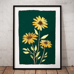 Yellow Flower Print, Yellow Wall Art, Flower Print, Botanical Print, Wall Art Print, Yellow Flower Wall Art, Minimalist Print, Yellow Teal