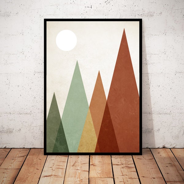 Geometric Mountain Print, Abstract Wall Art, Minimalist Mountain Print, Muted Colours, Scandi Poster, Mountain Landscape, Triangle Design