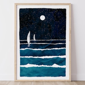 Boot Druck, Ozean Druck, Strand Poster, Nacht Ozean, Ozean Wandkunst, Nautik Druck, Meer Poster, Wasser Druck, Ozean Kunst, Segeln Druck