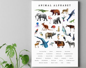 Animal Abc impresión, decoración de la guardería, arte de la pared de la guardería, decoración de la habitación de los niños, impresión del arte del alfabeto, impresión de la letra del alfabeto, animal de los niños impresión, regalo del bebé