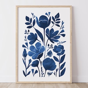 Linocut Print, Lino Print, Linocut Art, Floral Print, Linocut Flowers, Linocut Blue Flowers, Blue Floral Print, White and Blue Print,