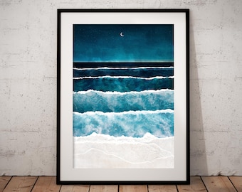 Ocean Print, Beach Poster, Night Ocean, Ocean Waves Aerial, Ocean Wall Art, Nautical Print, Sea Poster, Water Print, Ocean Art, Aerial Beach