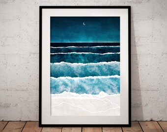 Ocean Print, Beach Poster, Night Ocean, Ocean Waves Aerial, Ocean Wall Art, Nautical Print, Sea Poster, Water Print, Ocean Art, Aerial Beach