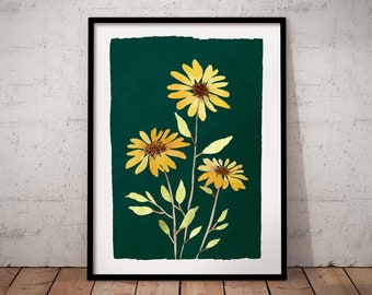 Yellow Flower Print, Yellow Wall Art, Flower Print, Botanical Print, Wall Art Print, Yellow Flower Wall Art, Minimalist Print, Yellow Teal