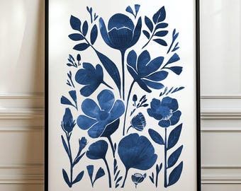 Linocut Print, Lino Print, Linocut Art, Floral Print, Linocut Flowers, Linocut Blue Flowers, Blue Floral Print, White and Blue Print,