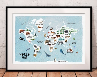 Mapa świata dla dzieci, Mapa świata zwierzęta, Wydruk mapy świata, Wydruk globusa, Mapa dla dzieci, Mapa edukacyjna, Wydruk do pokoju dziecięcego, Mapa safari, Sztuka ścienna dla dzieci
