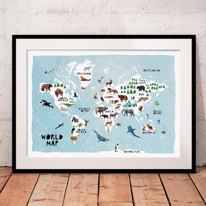 Weltkarte Kinder, Weltkarte Tiere, Weltkarte Druck, Globus-Druck, Kinder Karte, pädagogische Karte, Kindergarten Druck, Safari-Karte, Kinder-Wand-Kunst