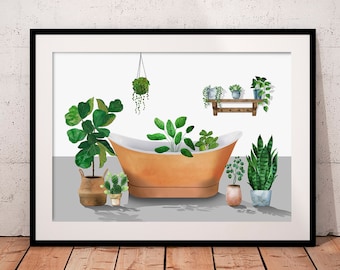 Houseplant Print, Plants in Bath Art, Plant Lover Gift, Plant Lover Print, Plant Poster, New Home Gift, Plant Illustration, House Plant Home