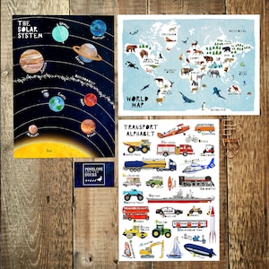 Satz von 3, Weltkarte Kinder, Transport Abc, SolarSystem Druck, Kinder Poster, pädagogische Wandkunst, Kindergarten Drucke, Kinder Drucke, Alphabet