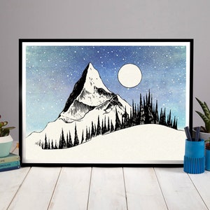 Berge & Mond, Berg Druck, Skizze, Aquarell, Berg-Wand-Druck, Wandkunst, Retro-Kunst, Home Decor, Penelope und die Enten, A4, A3