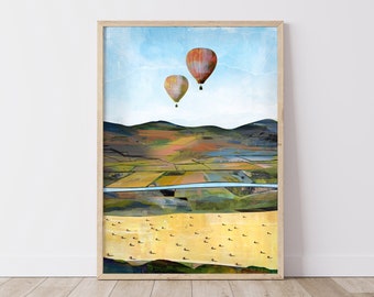 Hot Air Balloon Print, Countryside Print, Patchwork Fields Print, Countryside Art, Hot Air Balloon Wall Art, Fields Print, Farming Print